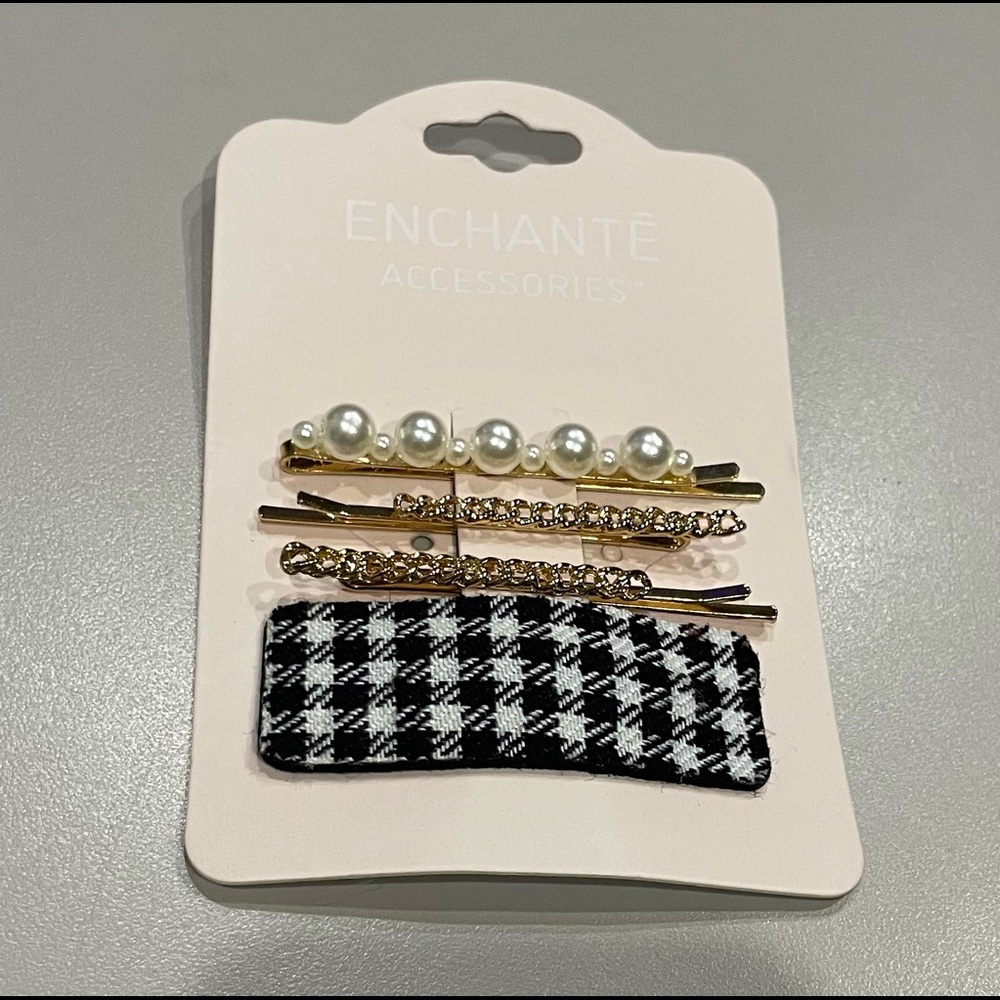 Enchant 4 pc. Hair clips. 1 pearl, 2 gold and 1 Black/White  Houndstooth. NWT!